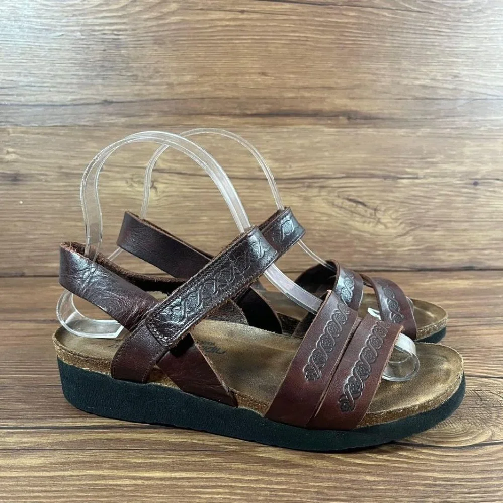 Naot Brown Leather Embossed Strappy Sandals